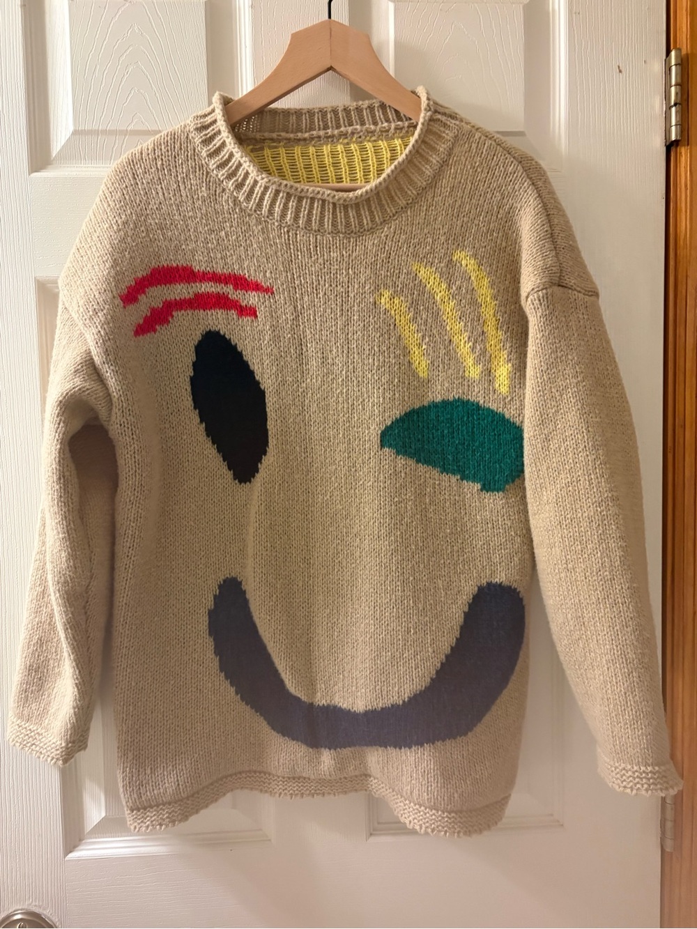 Abstract Smiley Face Knit Sweater Beige Colorful Graphic Oversized